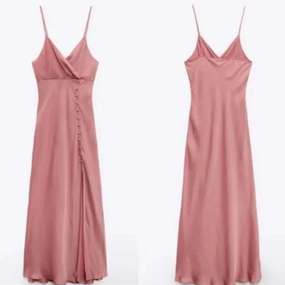 ZARA Midi Spaghetti Strap Slip Dress - Pink - Small